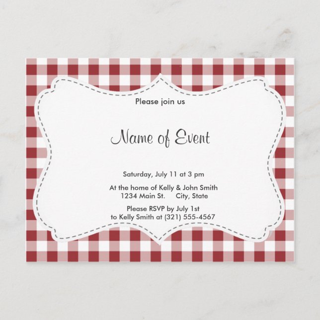 Maroon Checkered Pattern Invitation Postcard (Front)