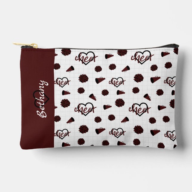 Maroon Cheer Hearts, Pom Poms, Megaphone Pattern Accessory Pouch (Front)