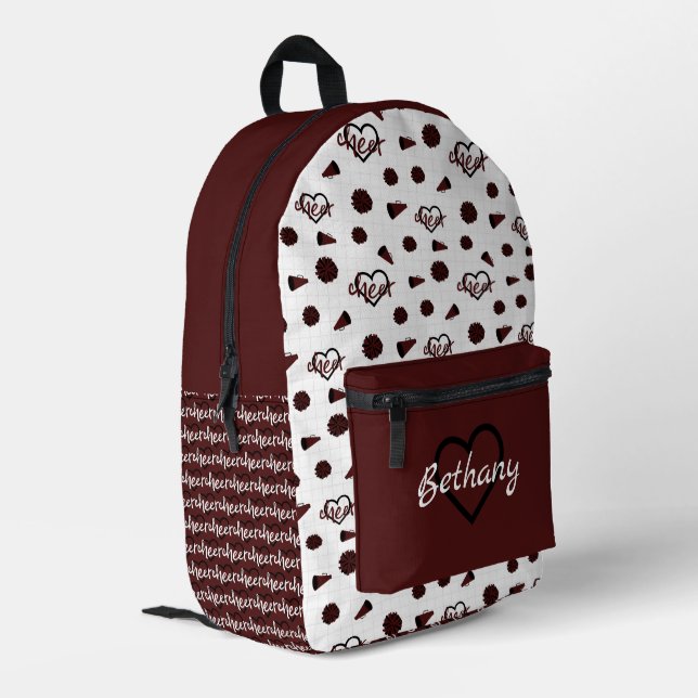 Maroon Cheer Hearts, Pom Poms, Megaphone Pattern Printed Backpack (Back Corner Left)