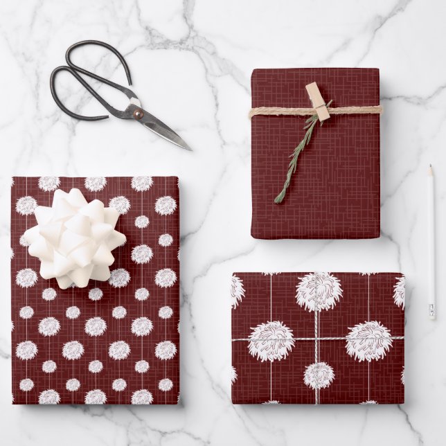 Maroon Cheerleader Pom Pom Pattern Wrapping Paper Sheets (Front)