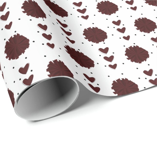 Maroon Cheerleader Pom Poms & Hearts Pattern Wrapping Paper (Roll Corner)