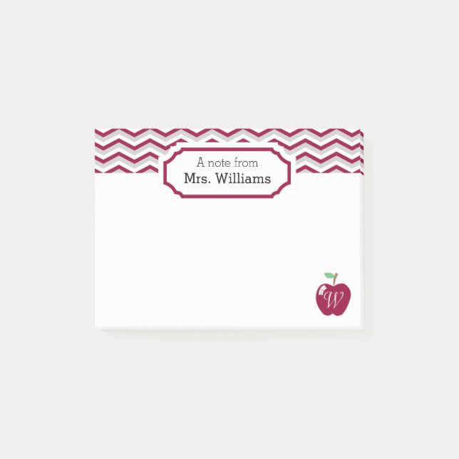 Maroon Chevron Apple Monogrammed Teacher Note (Front)