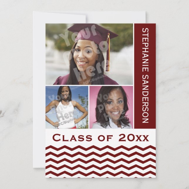 Maroon Chevron Graduation 3 Photo Invitation (Front)