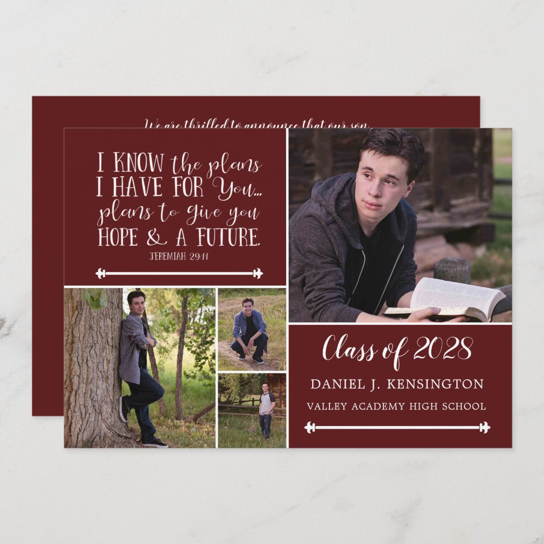 Maroon Christian Verse Graduation Photo Collage Invitation | Zazzle