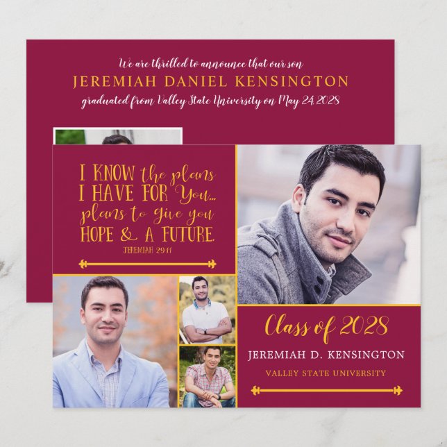 Maroon Christian Verse Graduation Photo Collage Invitation (Front/Back)