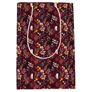MAROON CHRISTMAS FESTIVE DECORATION FEATHER FLORAL MEDIUM GIFT BAG