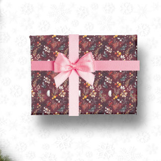 MAROON CHRISTMAS FESTIVE DECORATION FEATHER FLORAL WRAPPING PAPER