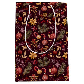 MAROON CHRISTMAS FESTIVE DECORATION GOLDEN FLORAL MEDIUM GIFT BAG