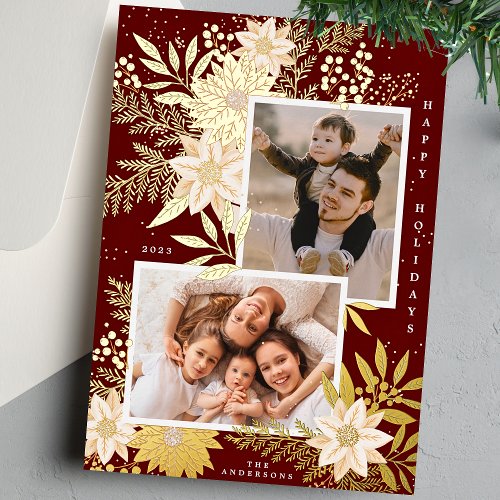 Maroon Christmas Poinsettia Photo Collage Gold Foil Holiday Card