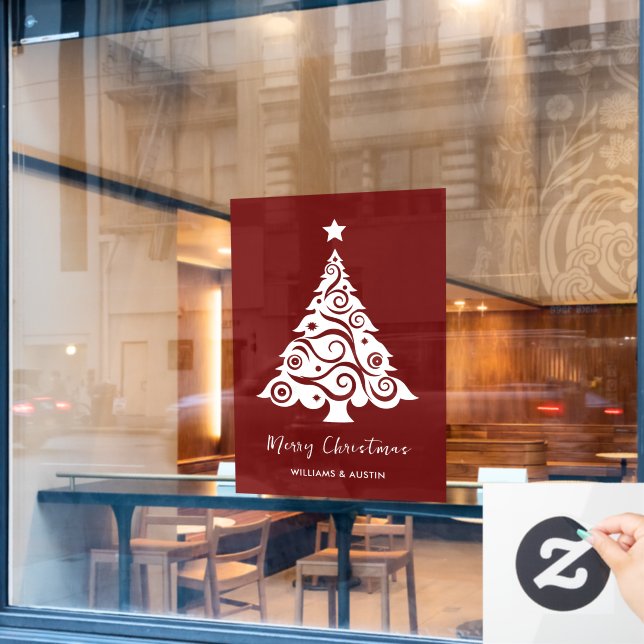Maroon Christmas Tree Business Window Decoration Cling (Cafe Window)