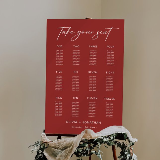Maroon Christmas Wedding Seating Chart 12 Tables Foam Board (Creator Uploaded)
