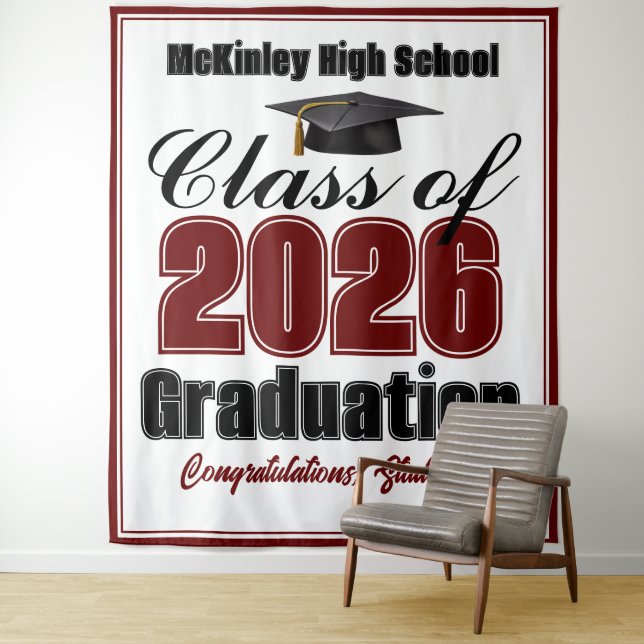 Maroon Class of 2026 Graduation Party Photo Booth Tapestry (In Situ)