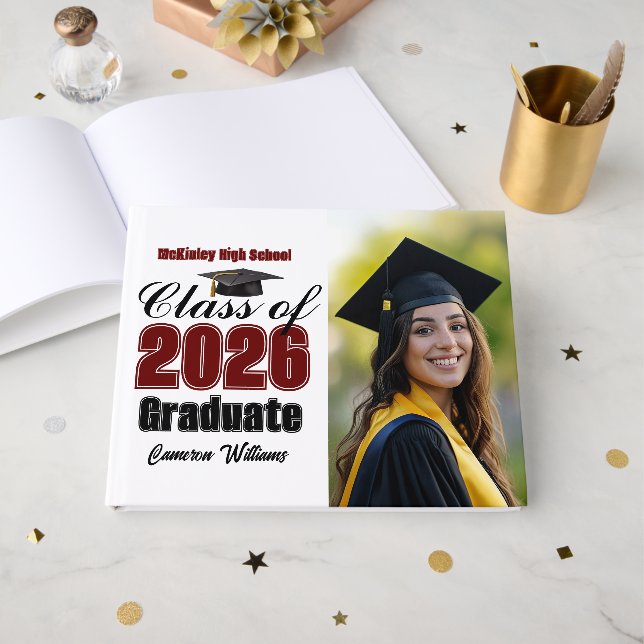Maroon Class of 2026 Graduation Photo Guest Book (Front Open)