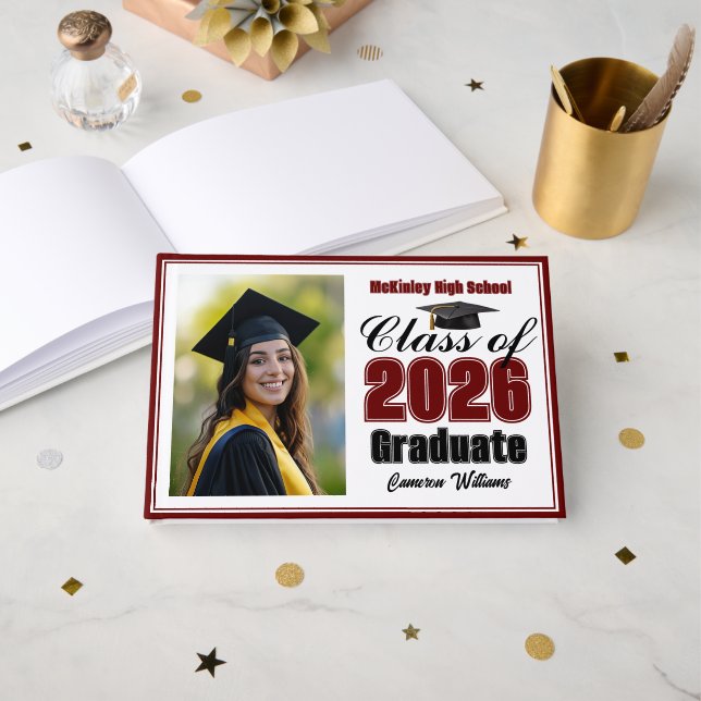 Maroon Class of 2026 Photo Small Graduation Guest Book (Front Open)