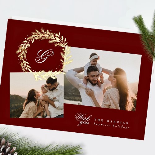 Maroon Classic Christmas monogram wreath TWO photo Foil Holiday Card