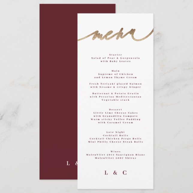 Maroon Classic Dark Red Plum Burgundy Wedding Menu (Front/Back)