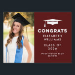 Maroon Congrats Single Photo Graduation Yard Sign<br><div class="desc">Celebrate your graduate's big achievement with this modern graduation yard sign. It features space for a photo of the grad,  as well as their name,  class year,  and school.</div>