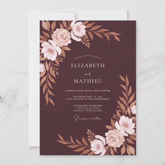 Maroon Copper Foliage Eucalyptus Wedding Invitation (Front)