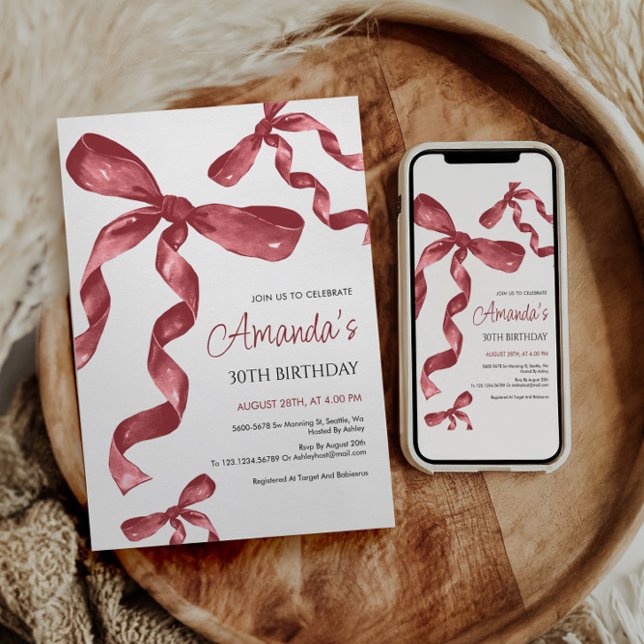 Maroon Coquette Bow Birthday Invitation (Creator Uploaded)