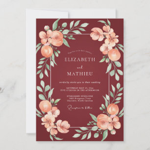Maroon Coral Leafy Wedding Invitation