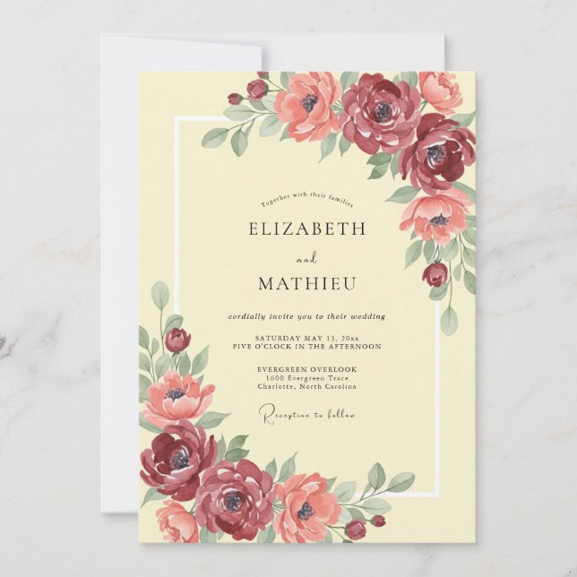 Maroon Coral Peony Wedding Invitation (Front)