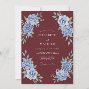 Maroon Cornflower Watercolor Wedding Invitation