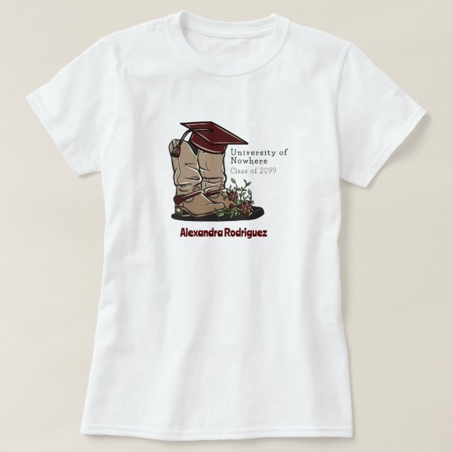 Maroon Cowboy Boot Graduation Cap & Flowers T-Shirt (Design Front)