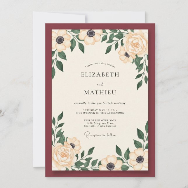 Maroon Cream Anemone Wedding Invitation (Front)