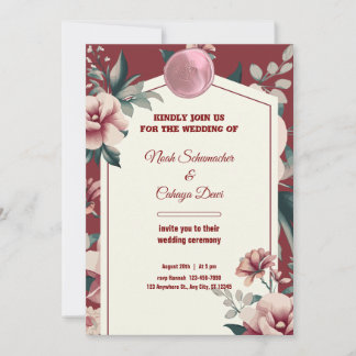 Maroon Cream & Green Vintage Floral Border Wedding Invitation
