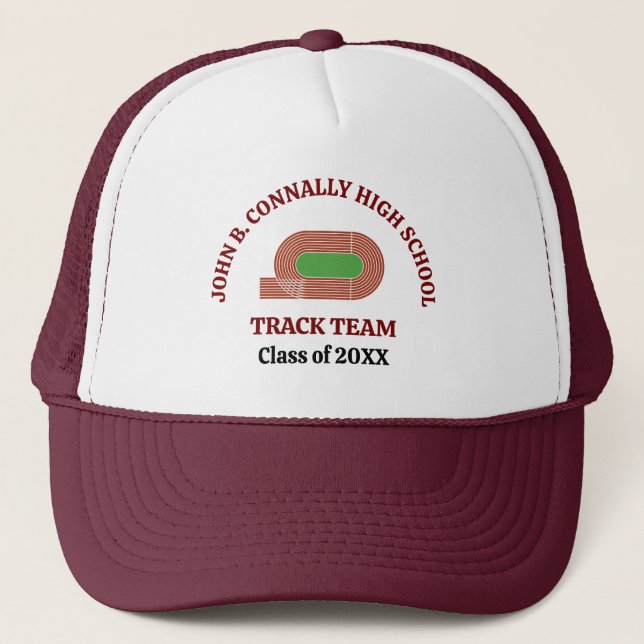 Maroon Cross Country Runner Custom Track Team Trucker Hat (Front)