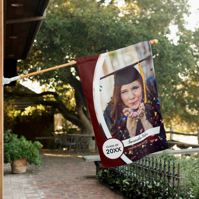 Maroon Curved Frame Photo Graduation House Flag (In SItu)