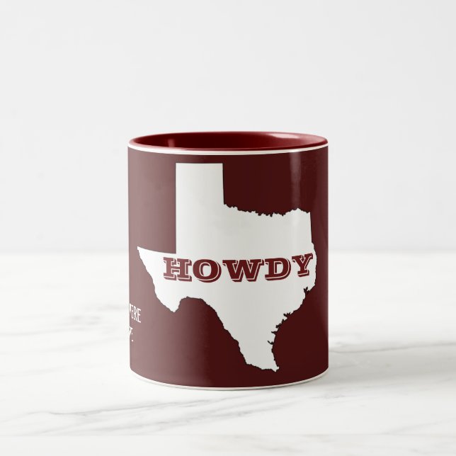 Maroon Custom Text Texas Map Outline Howdy Texan Two-Tone Coffee Mug (Center)
