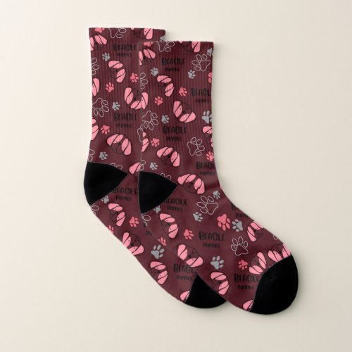 maroon cute beagle puppy pattern socks