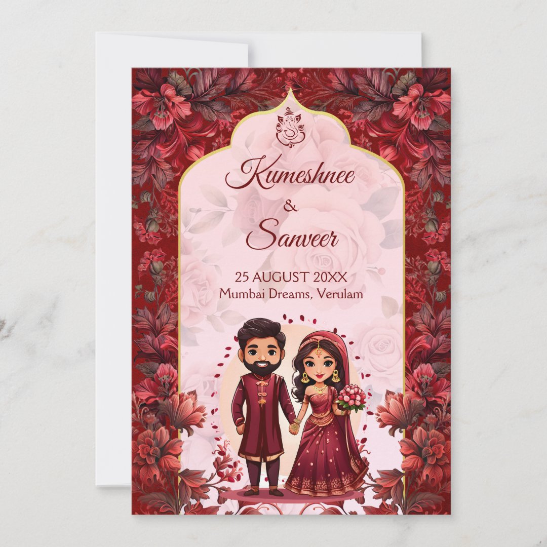 Maroon cute Indian wedding bridal couple cartoon Invitation - Image 2