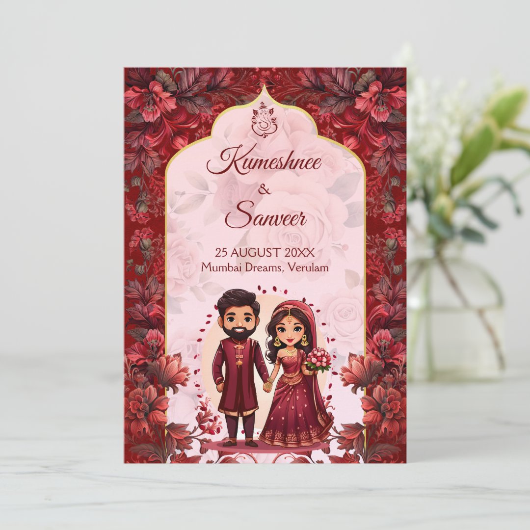 Maroon cute Indian wedding bridal couple cartoon Invitation - Image 4