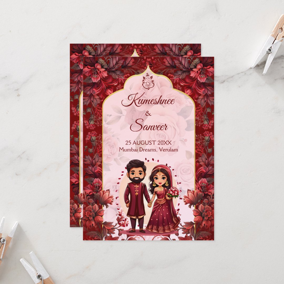 Maroon cute Indian wedding bridal couple cartoon Invitation - Image 6