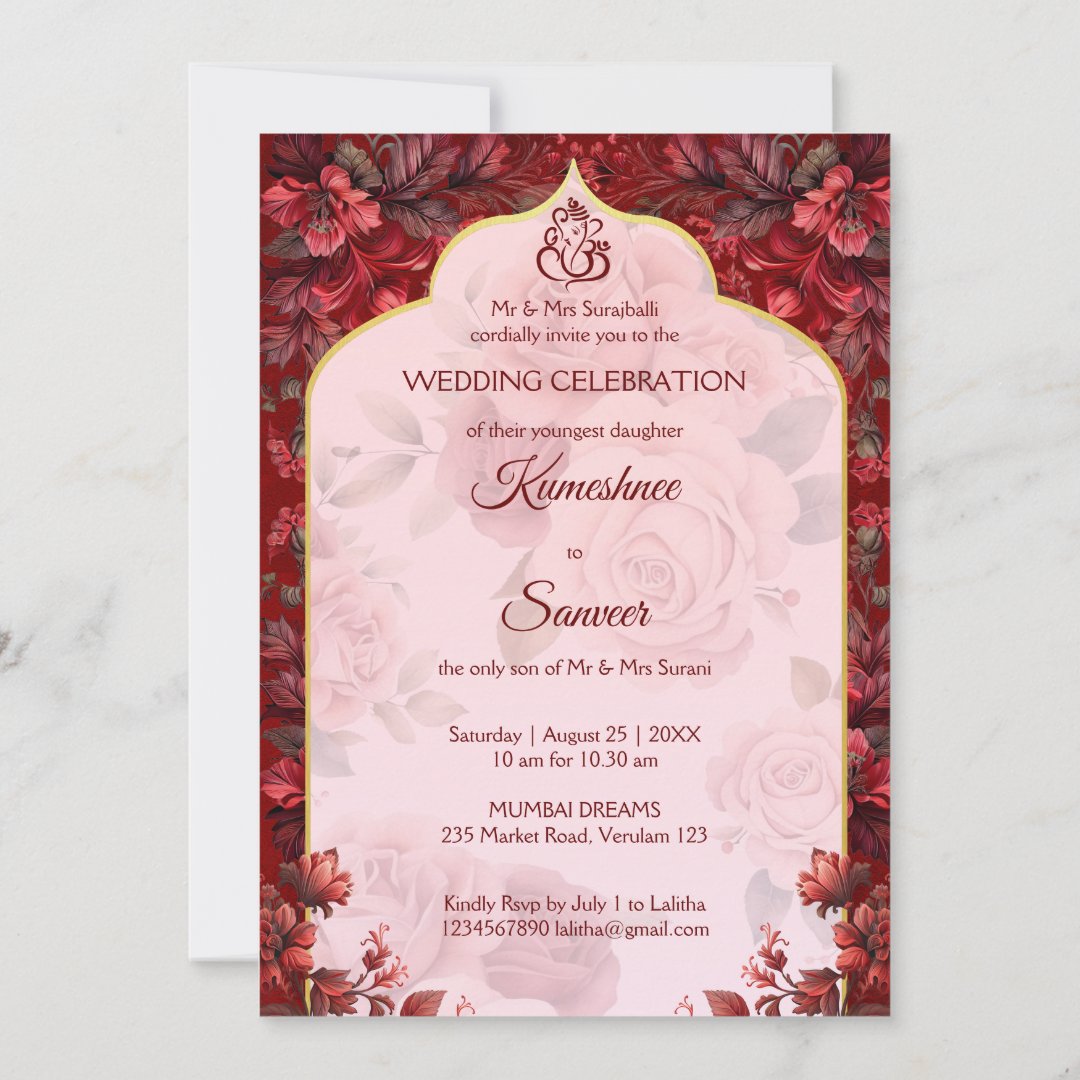 Maroon cute Indian wedding bridal couple cartoon Invitation - Image 3