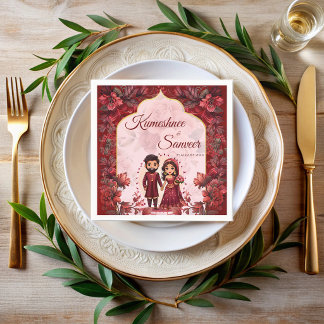 Maroon cute Indian wedding bridal couple cartoon Napkins