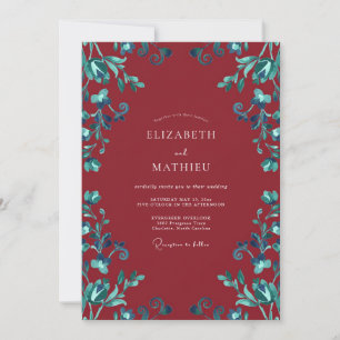 Maroon Cyan Leafy Wedding Invitation