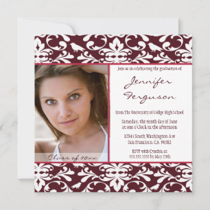 Maroon damask photo graduation party announcement