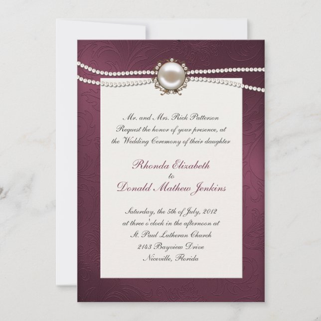 Maroon Damask Wedding Invitation (Front)