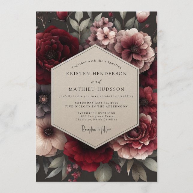 Maroon Decadent Bouquet Wedding Invitation (Front)
