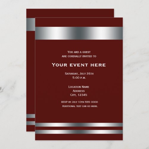 Maroon Deep Red Silver Elegant Dinner Party Event Invitation