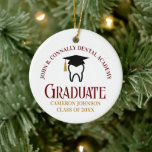 Maroon Dental School Custom Graduation Christmas Ceramic Ornament<br><div class="desc">This custom maroon and gold dental school graduation keepsake Christmas ornament features a tooth wearing a graduation cap for a class of 2025 dentistry graduate. Customize with your graduating year for a great personalized dental hygienist,  orthodontist,  or dentist graduation gift.</div>