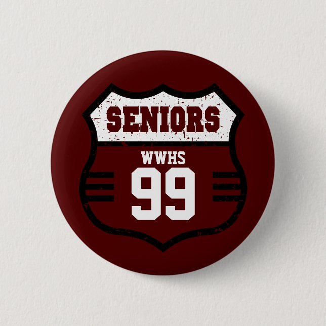 Maroon Distressed Seniors Road Sign Button (Front)