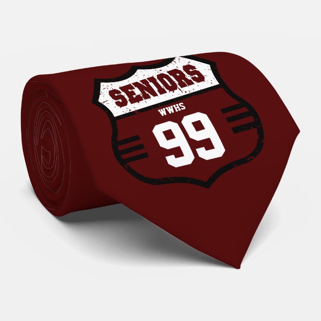 Maroon Distressed Seniors Road Sign Neck Tie (Rolled)