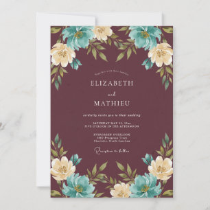 Maroon Dramatic Botanical Wedding Invitation