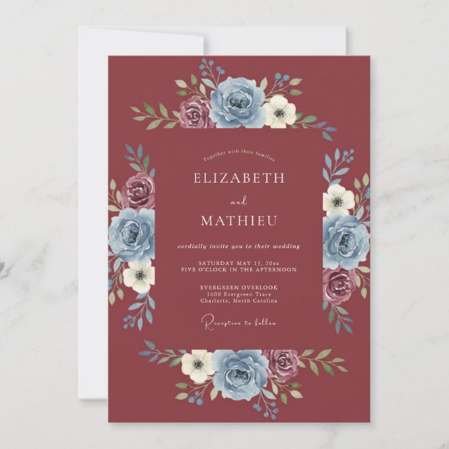 Maroon Dusty Blue Botanical Wedding Invitation (Front)