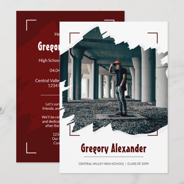 Maroon Edgy Abstract Brushstroke Photo Graduation Invitation (Front/Back)