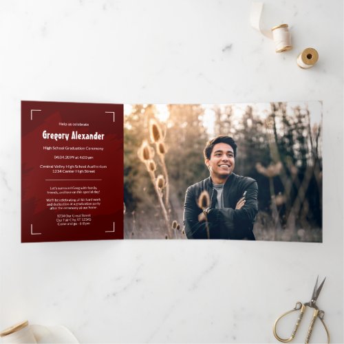 Maroon Edgy Abstract Brushstroke Photo Graduation Tri_Fold Invitation